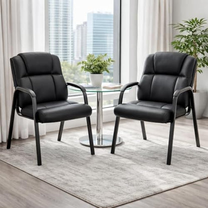 Office Guest Chair, PU Leather Padded Arms, Set of 2 | Waiting rooms, reception areas, conference rooms, clinics, metal frame, no wheels, high-density cushion, ergonomic backrest - color: Black, size: set of 2