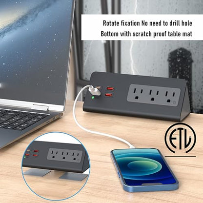 Cryfokt Desk Clamp Power Strip, 3 AC Outlets 3 USB A Ports 1 PD 20W USB C Port, Triangular Structure with Detachable Clamp Bracket, for Home Office Bedside Dormitory (US Plug)