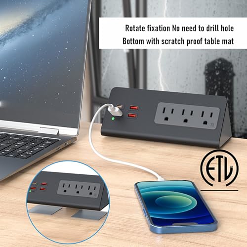 Cryfokt Desk Clamp Power Strip, 3 AC Outlets 3 USB A Ports 1 PD 20W USB C Port, Triangular Structure with Detachable Clamp Bracket, for Home Office Bedside Dormitory (US Plug)