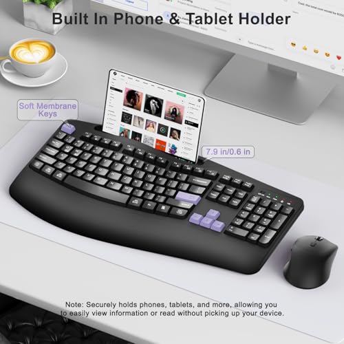 Wireless Keyboard and Mouse Combo, Full Size Ergonomic Wave Keys(Purple-B) - color: Purple Black