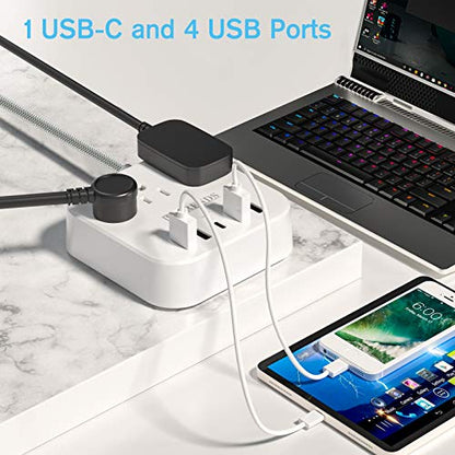 Surge Protector Power Strip, 10FT Extension Cord, 3 Outlets 4 USB-A 1 USB-C (5V/3A), 45° Flat Plug Wall Mountable for Home Office, Dorm, Cruise Ship, Nightstand - size: 10FT