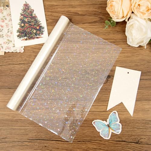 BOPP Holographic Precoated Film 22cm x 5m – Clear Star Pattern Waterproof Thermal Laminating Roll Compatible with Laminators for DIY Paper Crafts, Stickers, Card Making, Photo Protection - color: Clear Star