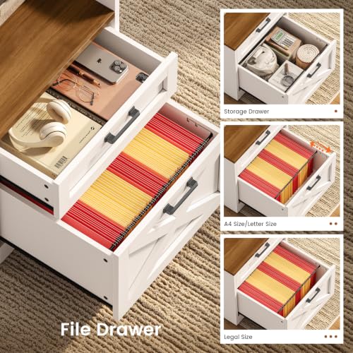 SEDETA 63" Farmhouse Office Desk with 5 Drawers, White and Brown | Executive Computer Desk with LED Lights & Monitor Stand, Wood Home Office Desk with 2 Printer Stand & Power Outlet - color: White and Brown, size: Executive Office Desk(63")