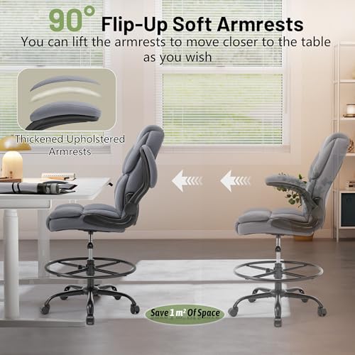 500LBS Drafting Chair, High Back Safer Standing Desk Chair, Executive Tall Office Chair with Flip-up Armrests, Upholstered PU Leather Task Chair, Ergonomic Seat with Adjustable Height&Foot Ring, Grey - color: Grey
