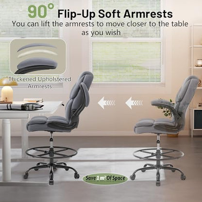 500LBS Drafting Chair, High Back Safer Standing Desk Chair, Executive Tall Office Chair with Flip-up Armrests, Upholstered PU Leather Task Chair, Ergonomic Seat with Adjustable Height&Foot Ring, Grey - color: Grey