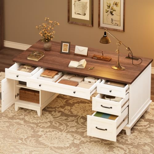 GarveeHome Executive Desk with File Drawers, Farmhouse Home Office Desk with Charging Station, 60 in Wooden Computer Desk with Cabinet Storage for Work Study Writing, White Walunt - color: White Walunt