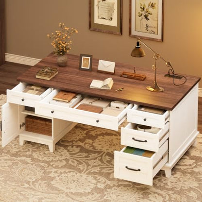 GarveeHome Executive Desk with File Drawers, Farmhouse Home Office Desk with Charging Station, 60 in Wooden Computer Desk with Cabinet Storage for Work Study Writing, White Walunt - color: White Walunt
