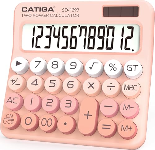 CATIGA Mechanical Switch Calculator with Solar and Battery Dual Power, 12-Digit Large LCD Display, Aesthetic and Cute Desktop Calculator with Big Button, for Home, School and Office Use, SD-1299 - color: Z) Peach