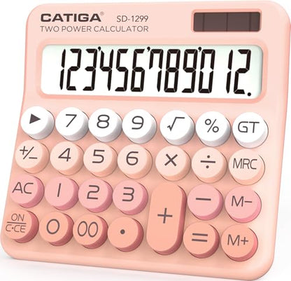 CATIGA Mechanical Switch Calculator with Solar and Battery Dual Power, 12-Digit Large LCD Display, Aesthetic and Cute Desktop Calculator with Big Button, for Home, School and Office Use, SD-1299 - color: Z) Peach