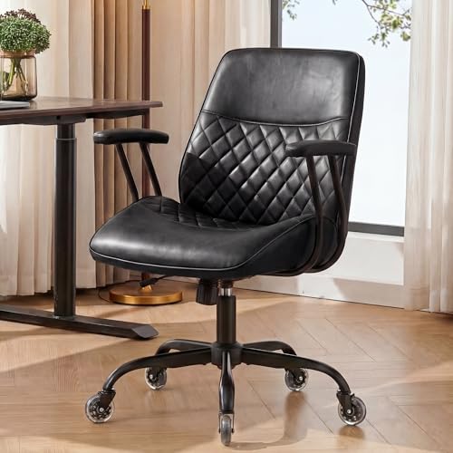 NEO CHAIR Leather Office Chair with Ergonomic Design, Swivel Chair, Black | Modern Computer Desk Chair with Genuine Leather, Lumbar Support, Removable Arms, Comfy Chair for Home Office, Smooth Rolling - color: B. Mid-back Black