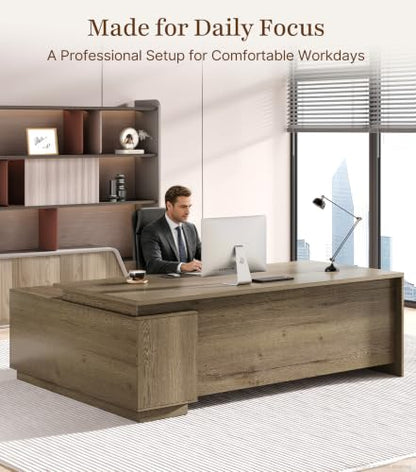 63" Reversible L-Shaped Executive Desk with Drawers, Compact Executive Office Desk with Storage Shelving, Built-in Outlets & USB Ports for Home, Office, Corporate, School (Tobacco Wood)