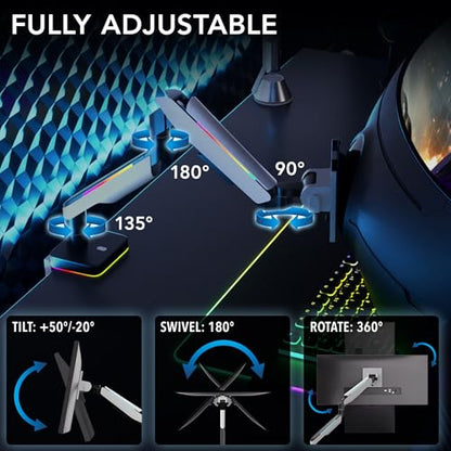 Mount-It! Heavy Duty Dual Monitor Arm up to 35 in. 44 lbs Screens, RGB Lights, 75x75 100x100 VESA Desk Mount for 2 Widescreen Curved Monitors 27 32 34 35 inches, Gas Spring, Clamp, Grommet, RGB Lights