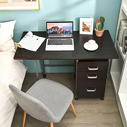Tangkula Folding Computer Desk with 3 Storage Drawers, Mobile Home Office Desk Study Writing Desk with Smooth Wheels, Space Saving Compact Desk for Dorm Apartment, Rolling Folding Desk Table - color: Brown