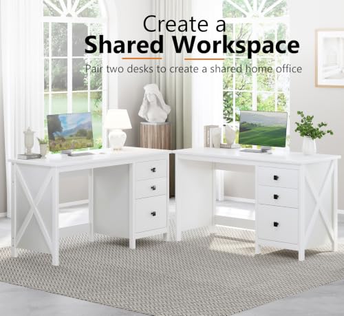 JSB 47.2 Inch White Computer Desk with 3 Drawers for Home Office Bedroom - color: White, size: 47.2in