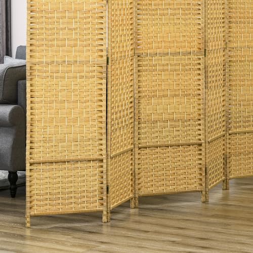 HOMCOM 6 Panel Room Divider, 6' Tall Folding Privacy Screen, Hand-Woven Freestanding Wall Partition for Home Office, Bedroom, Nature Wood - color: Natural Wood, size: 6 Panel