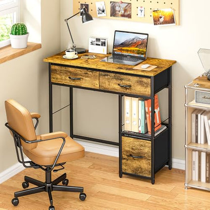 3IngSeagulls 33 Inch Small Computer Desk with Fabric Drawers, Home Office Desk with Storage Shelf, Compact Desks for Small Spaces, Teen Study Table for Bedroom, Rustic Brown