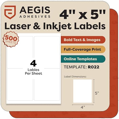 4x5 Printable Labels, Glossy Label Stickers for Laser Inkjet Printer | Blank Clear Label, Shipping Labels Adhesive - Aegis Adhesives Template R022 (500 Sheets, 2000 Stickers)