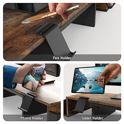 Simple Houseware Desk Dual Monitor Stand Riser with Drawer, Rustic Brown | Customizable Organizer Tray, Built-In Phone & Tablet Slot and Side Storage - color: Rustic Brown