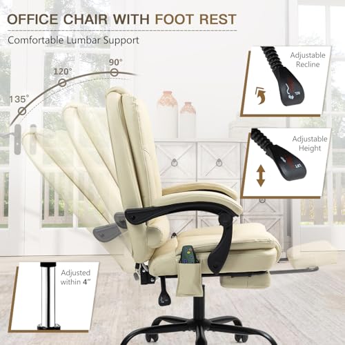 ECOTOUGE Ergonomic Comfy Desk Chair, High Back Computer Chair, Beige | 6-Point Heated Massage Office Chair with Footrest, Executive High Back PU Leather Computer Chair with Armrest & Reclining - color: Beige