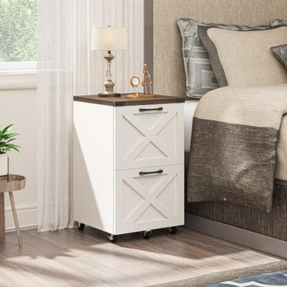 Halitaa Farmhouse 2 Drawer Small File Cabinet with Wheels, White and Brown - color: White and Brown, size: 2 Drawer