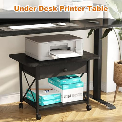 EasyCom Large Printer Stand with Fabric Storage Drawer and Locking Wheels - color: Black, size: Large