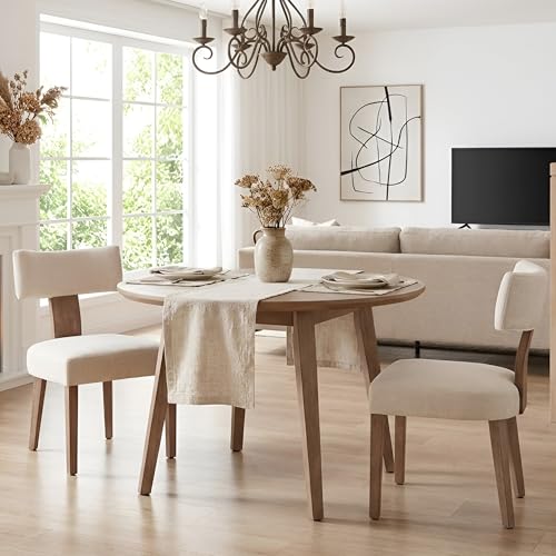HNY Mid Century Modern Dining Chairs Set of 2, Upholstered Linen Kitchen & Dining Room Chairs with Ergonomic Curved Backrest, Solid Wood Legs, Farmhouse Accent Chair for Home, Apartment, Beige - color: Beige Curved