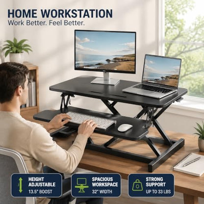 32" Height Adjustable Sit Stand Desk Converter, Dual Monitor Laptop Riser, Black (Desk Converter (Black)) - color: Desk Converter (Black)