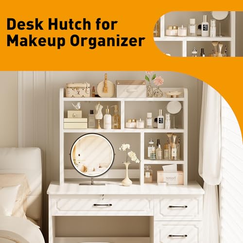Desk Shelf, Desktop Hutch with 6 Storage Areas, Desktop Organizer Shelf with 27" Large Monitor Compartment, Multipurpose Wood Desktop Display Rack for Computer Desk, Dorm, Office, Home (White)
