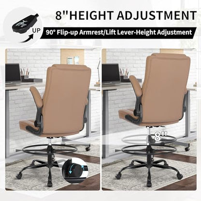 Misolant Drafting Chair, Tall Office Chair for Standing Desk, Standing Chair with Adjustable Height and Flip-up Armrest, Leather Drafting Chair, High Office Chair for Counter Height Desk - color: Brown