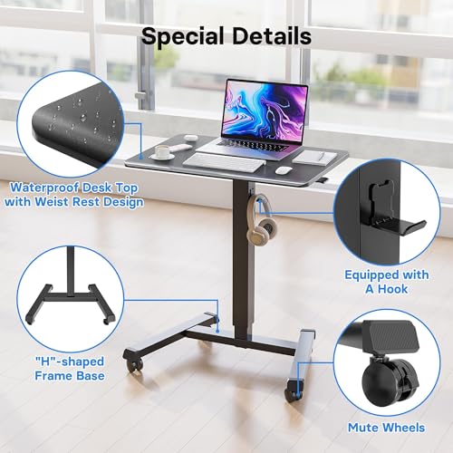 BONTEC Mobile Standing Desk Adjustable Height,Rolling Laptop Cart with Hook - color: Black, size: 25.6" x 17.7"