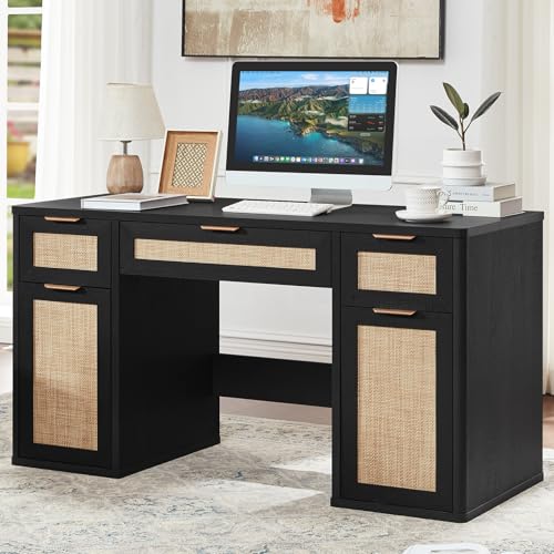 LEYAOYAO Office Desk 56" with 5 Drawers Storage File Cabinet, Black - color: Black