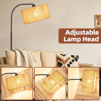 Boho Standing Lamp with Dimmable Bulb Nartual Rattan Adjustable Lampshade | Stepless Dimmable Bulb, Black Modern Farmhouse Rattan Floor Lamp for Living Room, Bedroom, Office, Classroom - style: Rustic-Black