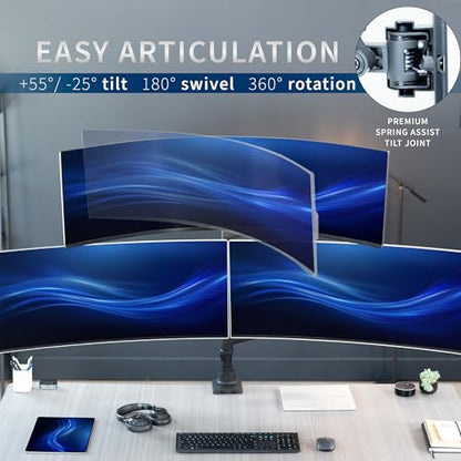 VIVO Pneumatic Arm Triple Ultrawide Monitor Extra Tall Desk Mount for Up to 49 inch Screens, Heavy Duty Clamp, Holds 3 Ultra Wides Up to 44 lbs, Black, STAND-V300D - size: Triple Mount, style: Desk Mount