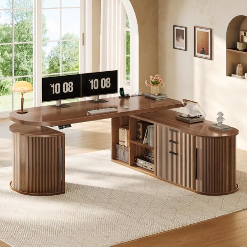SEDETA 57" L Shaped Standing Desk with Storage, Electric Height Adjustable Curved Executive Desk, Fluted Desk with Drawers & Power Strip for Home Office, Brown - color: Brown, size: 57" L Shaped Standing Desk