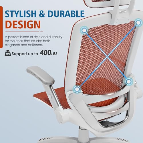 GABRYLLY Ergonomic Office Chair, High Back Home Desk Chair with 2D Flip-Up Arms, 3D Headrest, 90-120° Tilt and Wide Cushion, Big and Tall Mesh Chairs for Man Woman, Computer Task Chair Orange - color: White Frame Orange Mesh