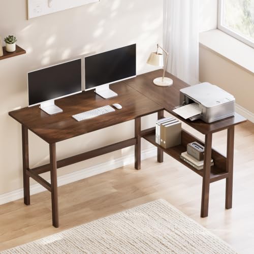 NELYE 55" Reversible L Shaped Desk with Shelf for Home Office, Walnut | Fits Corner Spaces, Trapezoid Oak Legs & Reinforced Corners Reduce Wobble, Holds 330 Lbs, Suitable for Working and Studying - color: Walnut, size: 55 inches