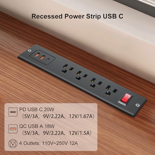 4 Outlets Recessed Power Strip with USB C 20W, Fast Charge Desktop Power Outlet Flush Mount Desk Extender 6.56 ft Extension Cord Plug in Furniture Conference Hotel - color: Black
