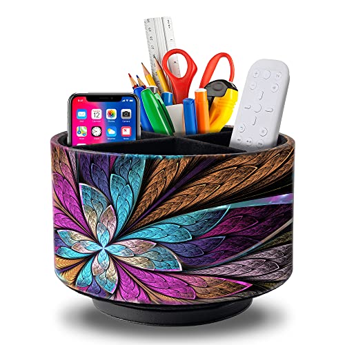 Remote Control Holder Round Leather Art Supply Organizer, PU Leather Pencil Stationery Desk Storage Makeup Organizer for Heater Controllers TV Remotes, 4 Compartments, 360 Degree Spinning