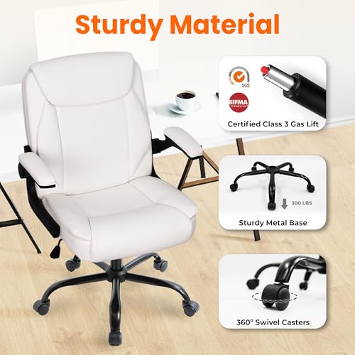 NEO CHAIR PU Leather Office Desk Chair with Adjustable Arms, White | Ergonomic Mid Back Computer Desk Chair Comfy with Wheels Swivel Rolling for Home Office Gaming Study - color: White
