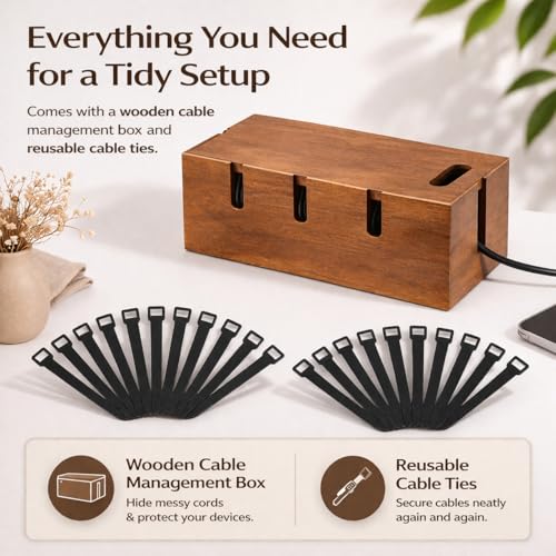 Large Acacia Wood Cable Management Box for Power Strips - color: Natural Brown