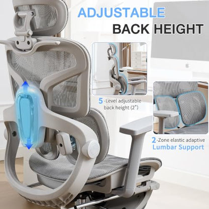 Ergonomic Mesh Office Chair with 2-Zone Lumbar Support and Footrest,Grey | Big and Tall, 400LBS, Adjustable Seat Depth, 4D Headrest, 4D Armrests Swivel Executive Chair for Home Office - color: Grey