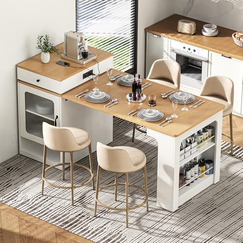 59.5 Inch Kitchen Island with Extendable Dining Table, White | White finish, MDF and particle board, kitchen or dining room, 2 drawers, glass door, open shelves, outlet, 59.5 in L - color: White + Natural Wood Grain Table + Particle Board+mdf