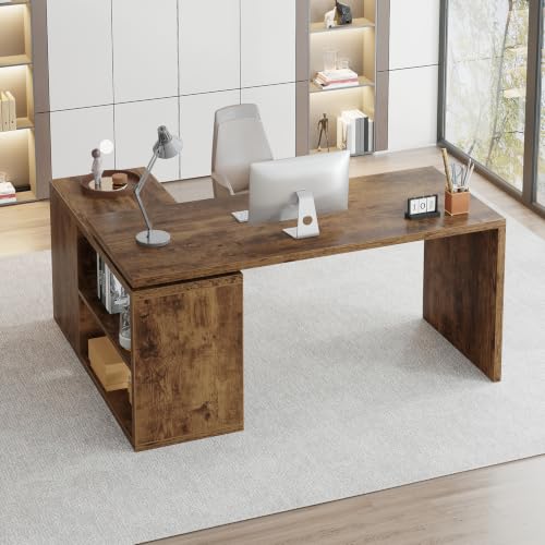 HSH L Shaped Desk with Storage, Home Computer Desk, Rustic Brown, 55 Inch | Reversible Industrial Wood Executive Workstation with Cabinet Shelves, L-Shaped Home Office Table for Study Writing Gaming - color: Rustic Brown