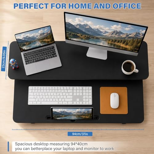 37" Height Adjustable Standing Desk Converter, 4.9" to18.5 Height Adjustable Sit Stand Up Desk Riser with Secondary Desks, Desktop Workstation Riser for Home Office Computer Laptop, Black - color: Black