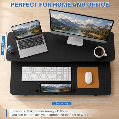 37" Height Adjustable Standing Desk Converter, 4.9" to18.5 Height Adjustable Sit Stand Up Desk Riser with Secondary Desks, Desktop Workstation Riser for Home Office Computer Laptop, Black - color: Black