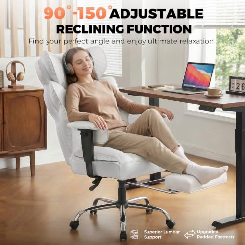COMHOMA Big and Tall Office Chair with Upgrade Footrest, Heavy Duty Gaming Chair High Back Executive Chair with Spring Lumbar Support for Lower Back Pain Relief, 150°Reclining Adjustable Armrests - color: White