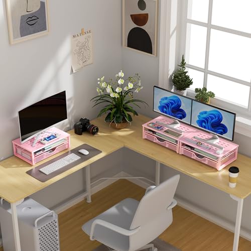 Computer Monitor Stand Riser with Drawer - color: Pink