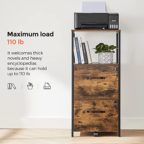 VASAGLE 2-Drawer File Cabinet with Lock, Open Shelf, Printer Stand | For A4 and Letter Sized Files, Adjustable Feet, Industrial, Rustic Brown and Black, BARNET Collection UOFC045B01V1