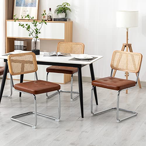 KCC Modern Dining Chairs Set of 6, Faux Leather Rattan Chair,Brown | Mid Century Kitchen Side Chairs with Metal Legs and Upholstered Seat for Dining Room,Living Room,Bedroom - color: Brown, size: Set of 6