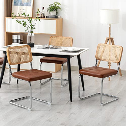 KCC Modern Dining Chairs Set of 6, Faux Leather Rattan Chair,Brown | Mid Century Kitchen Side Chairs with Metal Legs and Upholstered Seat for Dining Room,Living Room,Bedroom - color: Brown, size: Set of 6